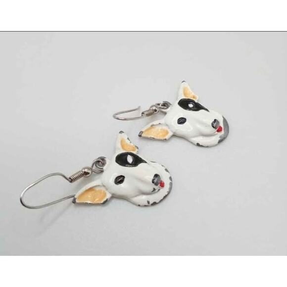 Bull Terrier Dog Earrings Hand Painted Enamel Drop Dangle Jewelry - Picture 2 of 3